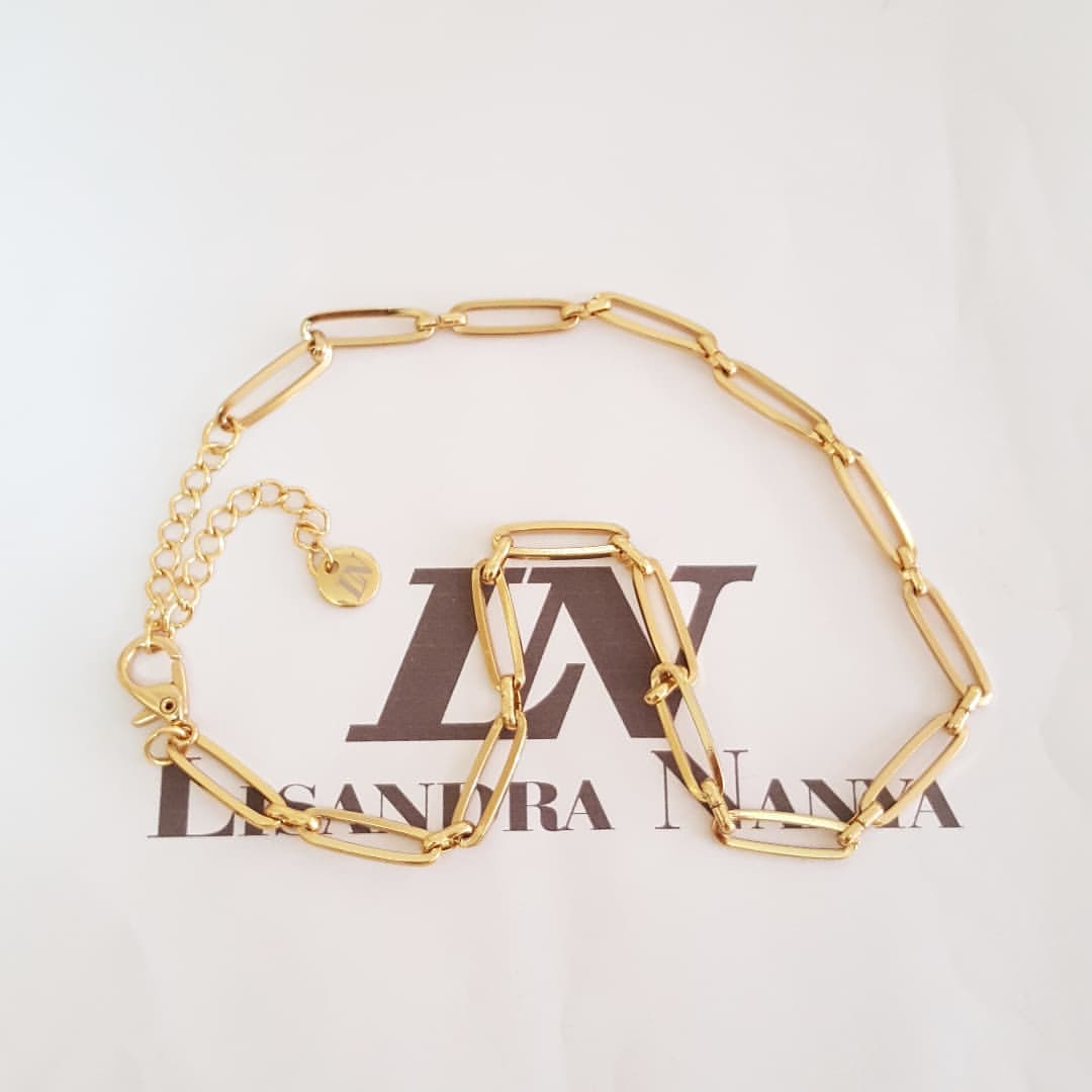 Colar Choker Elo Retangular-424 Banho Ouro Corrente Aço