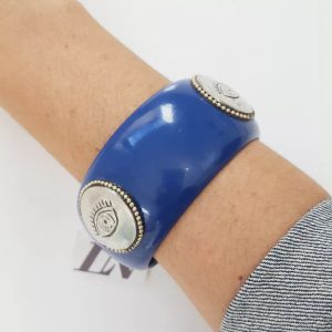 Pulseira Tibetana Prateada Importada Larga Resina Azul Olho Grego Prateado 21cm