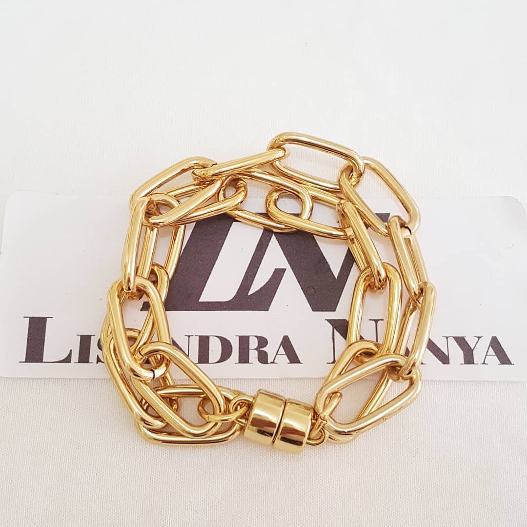 Pulseira Banho Ouro Elo Retangular-423 Corrente Aço 2 Voltas