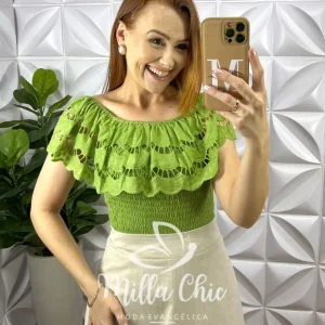 Blusa Lesie De Algodão Corpo de Lastex Babado No Decote Tereza – Verde