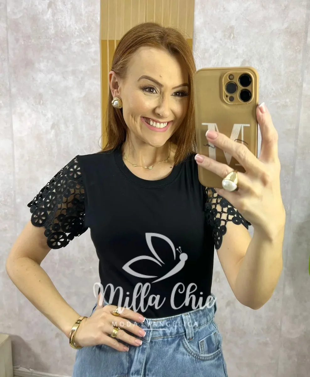 Blusa Adelaide Manga Guipper – Preta