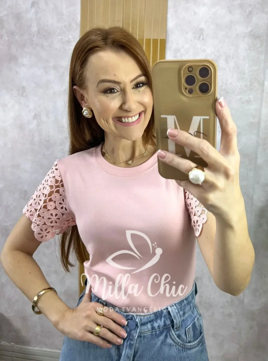 Blusa Adelaide Manga Guipper – Rosa Baby - Image 4