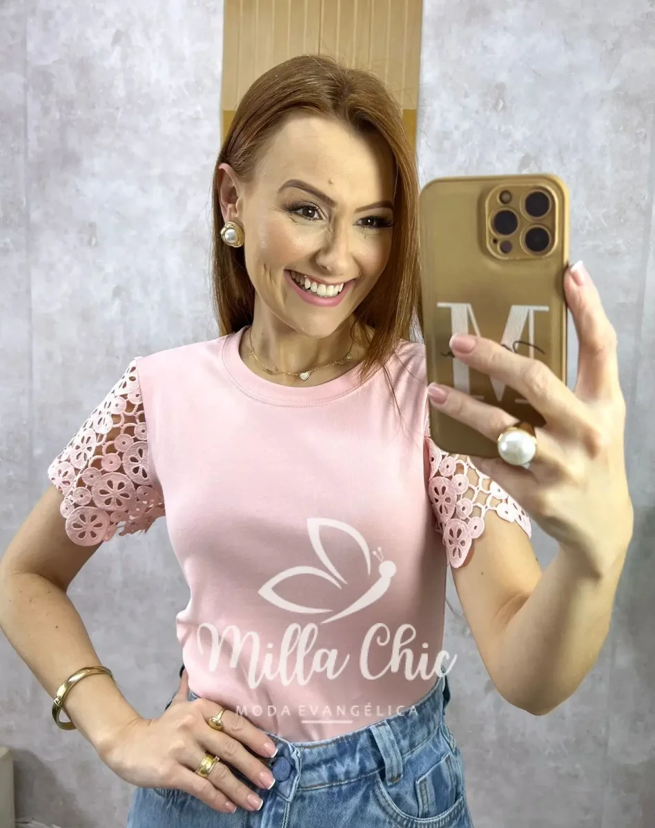 Blusa Adelaide Manga Guipper – Rosa Baby - Image 2