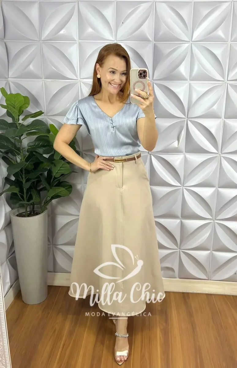 Blusa Cetim Manga Babadinho Com Botoes Encapados Iris – Azul Acinzentado - Image 3