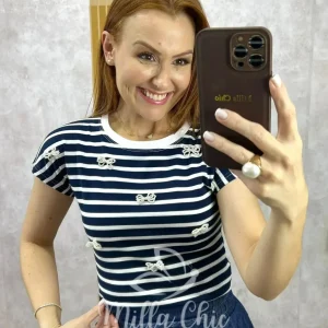 Blusa Efigênia Em Malha Listrada Bordada – Azul Marinho