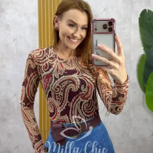 Blusa Eloise em tule estampado – Bordô